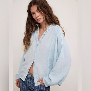 We The Free Small Oversized 100% Cotton Pale Blue Lightweight Gauze Button-Down
